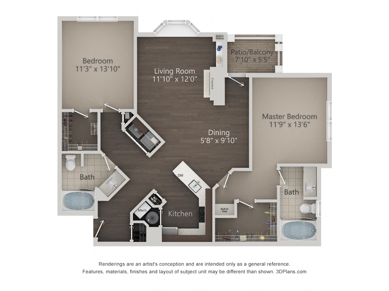 Floor plan for 2 beds, 2 baths, 1301 sqft
